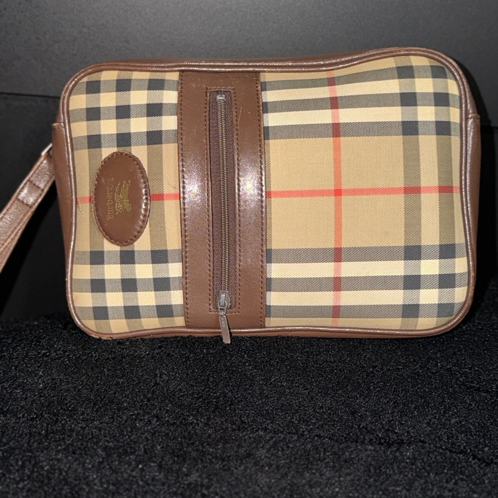 Burberry Beige Plaid Wristlet with Brown Leather Trim
